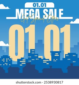 01.01 Mega Sale banner with bold typography over a cityscape background. Perfect for New Year promotions, special offers, and discounts on social media or ads.