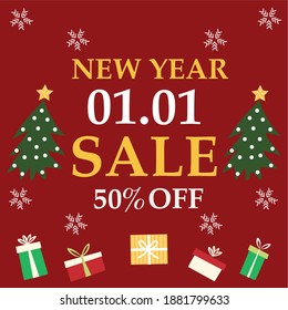 01.01 shopping day sale banner or poster on red background.01 January sale banner template.Special day online sale.Vector illustration.