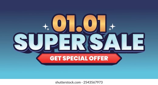 01.01 Super Sale banner with bold 'Get Special Offer' text on a blue gradient background. Perfect for e-commerce promotions with eye-catching colors and modern style.