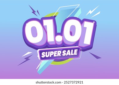 01.01 Super Sale promotion featuring bold 3D text, highlighted with dynamic lightning elements on a sleek gradient blue to purple background. Ideal for special discount events.