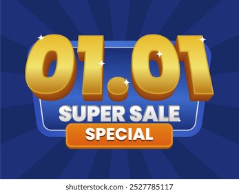 01.01 Super Sale Special banner with bold golden 3D text on a radiant blue background. Featuring eye-catching typography and vibrant colors for an exclusive promotion.