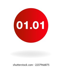 01.01 Números blancos en un símbolo de círculo rojo en un fondo blanco, fecha de promoción 1 mes 1