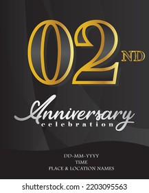 02 Anniversary Invitation and Greeting Card Design, Golden and Silver Coloured, Elegant Design, Isolated on Black Background. Vector illustration.