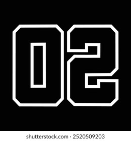 02 Classic Vintage Sport Jersey Uniform numbers in black with a black outside contour line number on white background for American football, Baseball and Basketball or soccer for shirt