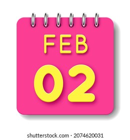 02 day of the month. 02 February. Cute calendar daily icon. Date day week Sunday, Monday, Tuesday, Wednesday, Thursday, Friday, Saturday.