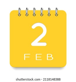02 day of the month. February. Cute yellow calendar daily icon. Date day week Sunday, Monday, Tuesday, Wednesday, Thursday, Friday, Saturday. Cut paper. White background. Vector illustration.