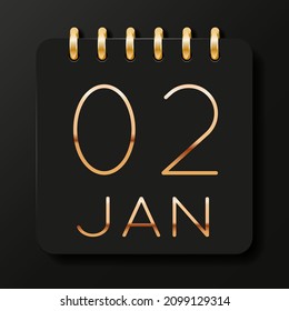 02 day of the month. January. Luxury calendar daily icon. Date day week Sunday, Monday, Tuesday, Wednesday, Thursday, Friday, Saturday. Gold text. Black background. Vector illustration.