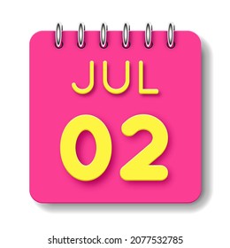 02 day of the month. 02 Jule. Cute calendar daily icon. Date day week Sunday, Monday, Tuesday, Wednesday, Thursday, Friday, Saturday.