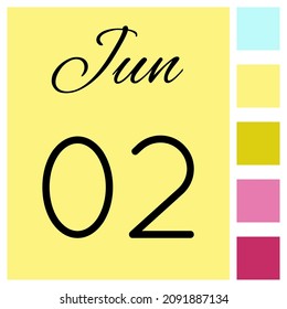 02 day of the month. June. Cute calendar daily icon. Date day week Sunday, Monday, Tuesday, Wednesday, Thursday, Friday, Saturday.