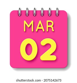 02 day of the month. 02 March. Cute calendar daily icon. Date day week Sunday, Monday, Tuesday, Wednesday, Thursday, Friday, Saturday.