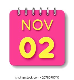02 day of the month. 02 November. Cute calendar daily icon. Date day week Sunday, Monday, Tuesday, Wednesday, Thursday, Friday, Saturday.