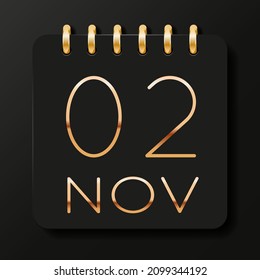 02 day of the month. November. Luxury calendar daily icon. Date day week Sunday, Monday, Tuesday, Wednesday, Thursday, Friday, Saturday. Gold text. Black background. Vector illustration.