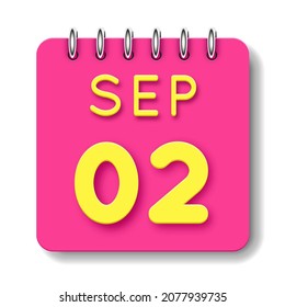 02 day of the month. 02 September. Cute calendar daily icon. Date day week Sunday, Monday, Tuesday, Wednesday, Thursday, Friday, Saturday.