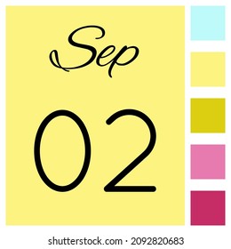 02 day of the month. September. Cute calendar daily icon. Date day week Sunday, Monday, Tuesday, Wednesday, Thursday, Friday, Saturday.