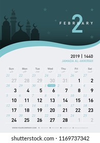 02 february calendar 2019. Hijri 1440 to 1441 islamic design template. Simple minimal desk and wall type with mosque in the night background. vector illustrator