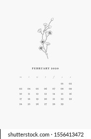 02 Page - FEBRUARY 2020 – Wall or Desk Art Calendar 2020 Printable Vector Template. Daily Planner 2020. 12 Line art Flowers Illustration. Floral Minimal and Elegant Diary Calendar 2020 Design.