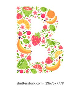 02. Vector summer fruits and berries alphabet letter B. Summer fruits for healthy lifestyle. Vector flat cartoon illustration isolated on white background.