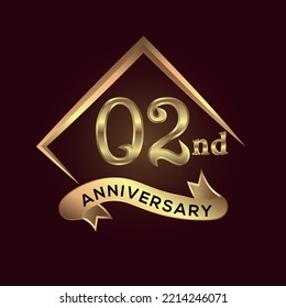 02 year anniversary celebration. Anniversary logo with square and elegance golden colour isolated on red background, vector design for celebration, invitation card, and greeting card