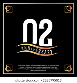 02 year anniversary logo design white golden abstract on black background with golden frame template illustration