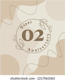 02 year anniversary, minimalist logo. brown vector illustration on Minimalist foliage template design, leaves line art ink drawing with abstract vintage background.