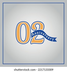 02 Years Anniversary celebration logotype colored with yellow and blue, using blue ribbon and isolated on gray background.