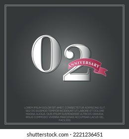  02 Years Anniversary celebration logotype colored with shiny gray, using ribbon and isolated on black background
