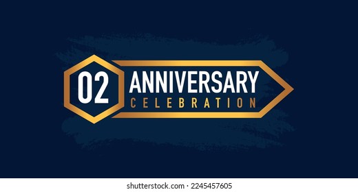 02 years anniversary celebration logotype colored with gold color and isolated on blue background
