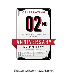 02 Years Anniversary Logo Celebration and Invitation Card with red ribbon Isolated on white Background