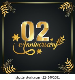 02 years old luxurious logo. anniversary year of vector gold colored template framed of palms.
