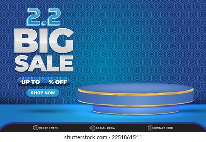 02.02 big sale discount template banner with blank space 3d podium for product sale with abstract gradient blue background design