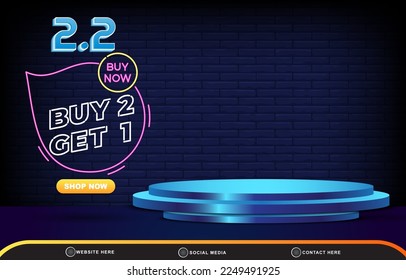 02.02 discount sale template banner with blank space 3d podium for product sale with abstract gradient dark blue background design