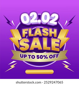 02.02 Flash Sale banner featuring vibrant lightning icons and bold typography on a purple background, offering discount. Perfect for promoting limited-time deals!