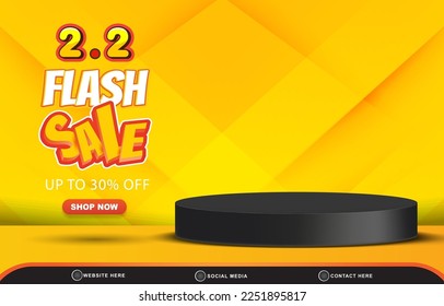 02.02 flash sale discount template banner with blank space 3d podium for product sale with abstract gradient yellow background design