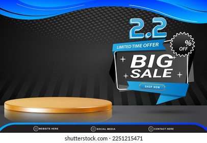 02.02 limited big sale discount template banner with blank space 3d podium for product sale with abstract gradient black and blue background design