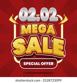 Banner de Mega Sale 02.02 com texto 3D em negrito em um fundo vermelho vibrante. Apresentando "Oferta Especial" e elementos atraentes, perfeito para promover o seu grande evento de desconto.