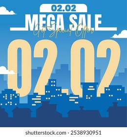 02.02 Mega Sale banner with bold typography over a cityscape background. Perfect for New Year promotions, special offers, and discounts on social media or ads.