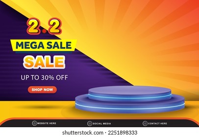 02.02 mega sale discount template banner with blank space 3d podium for product sale with abstract gradient blue and yellow background design