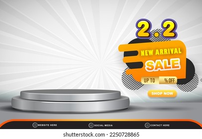 02.02 new arrival discount sale template banner with blank space 3d podium for product sale with abstract gradient white background design