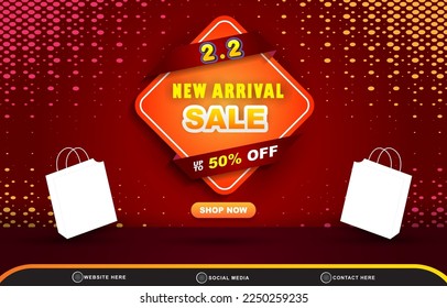 02.02 new arrival sale template banner with blank space 3d podium for product sale with abstract gradient red background design