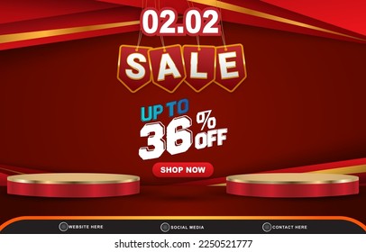 02.02 sale discount template banner with blank space 3d podium for product sale with abstract gradient red background design