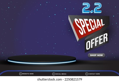 02.02 special offer sale template banner with blank space 3d podium for product sale with abstract gradient black and blue background design