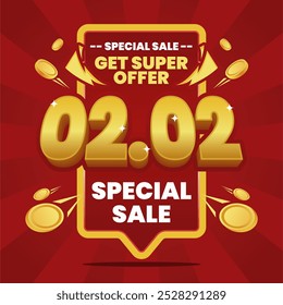 02.02 Special Sale banner featuring bold gold text, vibrant red background, and flying gold coins. Eye-catching design ideal for promoting limited-time offers and discounts.