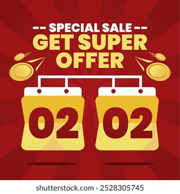 02.02 Special Sale Banner featuring bold calendar icons and flying gold coins on a vibrant red background. A perfect promotional design to grab attention for limited-time offers!