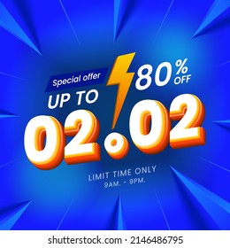 02.02 special sale shopping day banner with blue background. Use for social media and website. Special Offer Sale 80% Off campaign or promotion.