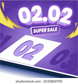 02.02 Super Sale banner with bold calendar design, purple background, and lightning accents, perfect for New Year promotions, online ads, and digital marketing.