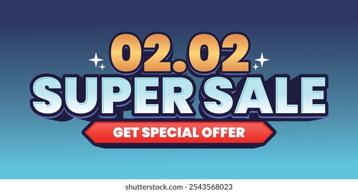 02.02 Super Sale banner with bold 'Get Special Offer' text on a blue gradient background. Perfect for e-commerce promotions with eye-catching colors and modern style.