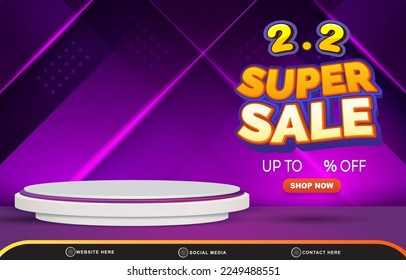 02.02 super sale discount template banner with blank space 3d podium for product sale with abstract gradient purple and blue background design