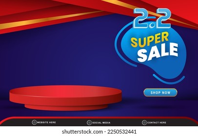 02.02 super sale discount template banner with blank space 3d podium for product sale with abstract gradient red and blue background design