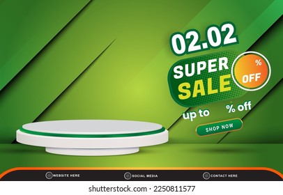 02.02 super sale discount template banner with blank space 3d podium for product sale with abstract gradient green and yellow background design