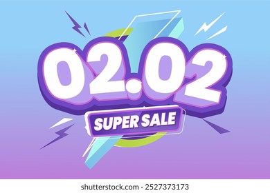 02.02 Super Sale promotion featuring bold 3D text, highlighted with dynamic lightning elements on a sleek gradient blue to purple background. Ideal for special discount events.